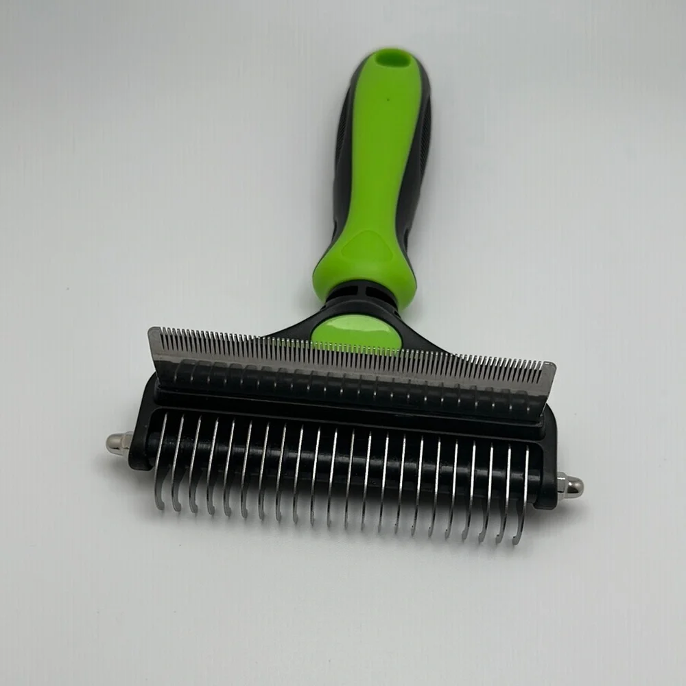 Green and Black Dog Deshedding Brush with Ergonomic Handle